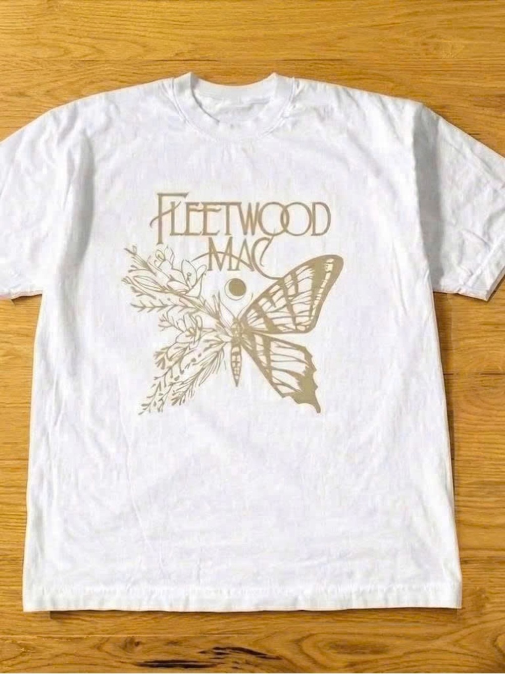 White Short Sleeve Tee with Gold Butterfly Graphic